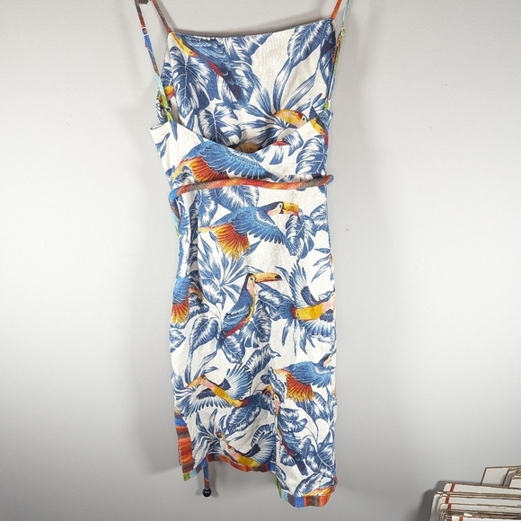 Farm Rio tropical parrot bird safari flying toucans open back dress womans small - Picture 6 of 8